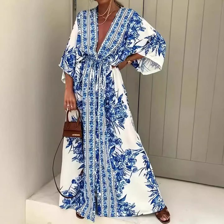 Damen Bohème Maxikleid mit elegantem V-Ausschnitt und tailliertem Gürtel Drune