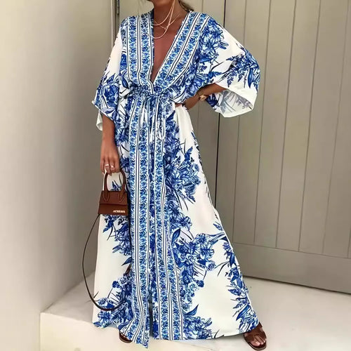 Damen Bohème Maxikleid mit elegantem V-Ausschnitt und tailliertem Gürtel Drune