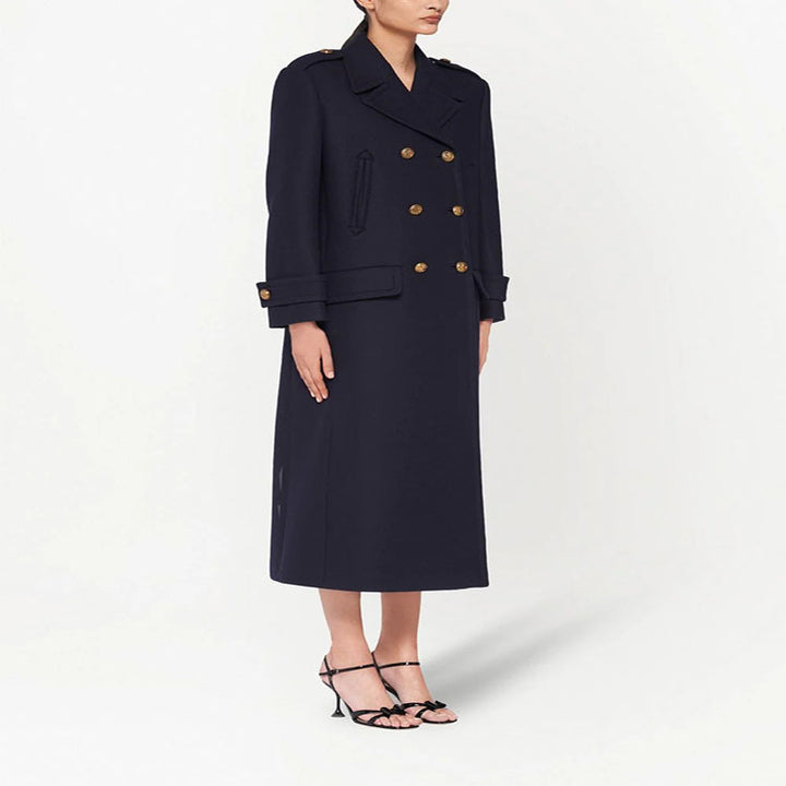 Damen Doppelreihiger militärinspirierter Maxi‑Wollmantel mit Epauletten und Zierriegeln Drune