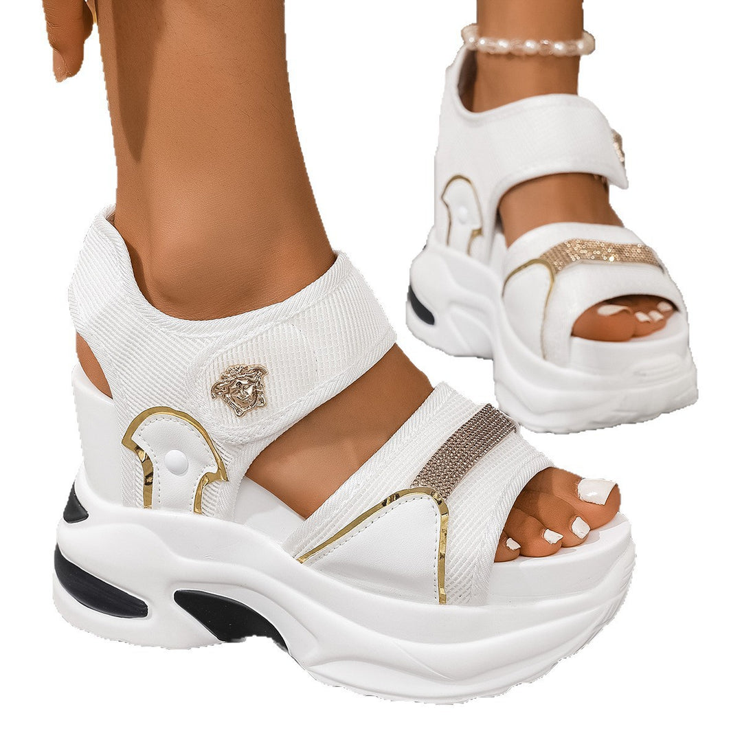 Damen nan wuchtige Plateausandale mit ergonomischer Wellensohle Klettverschluss und goldenen Zierapplikationen Drune