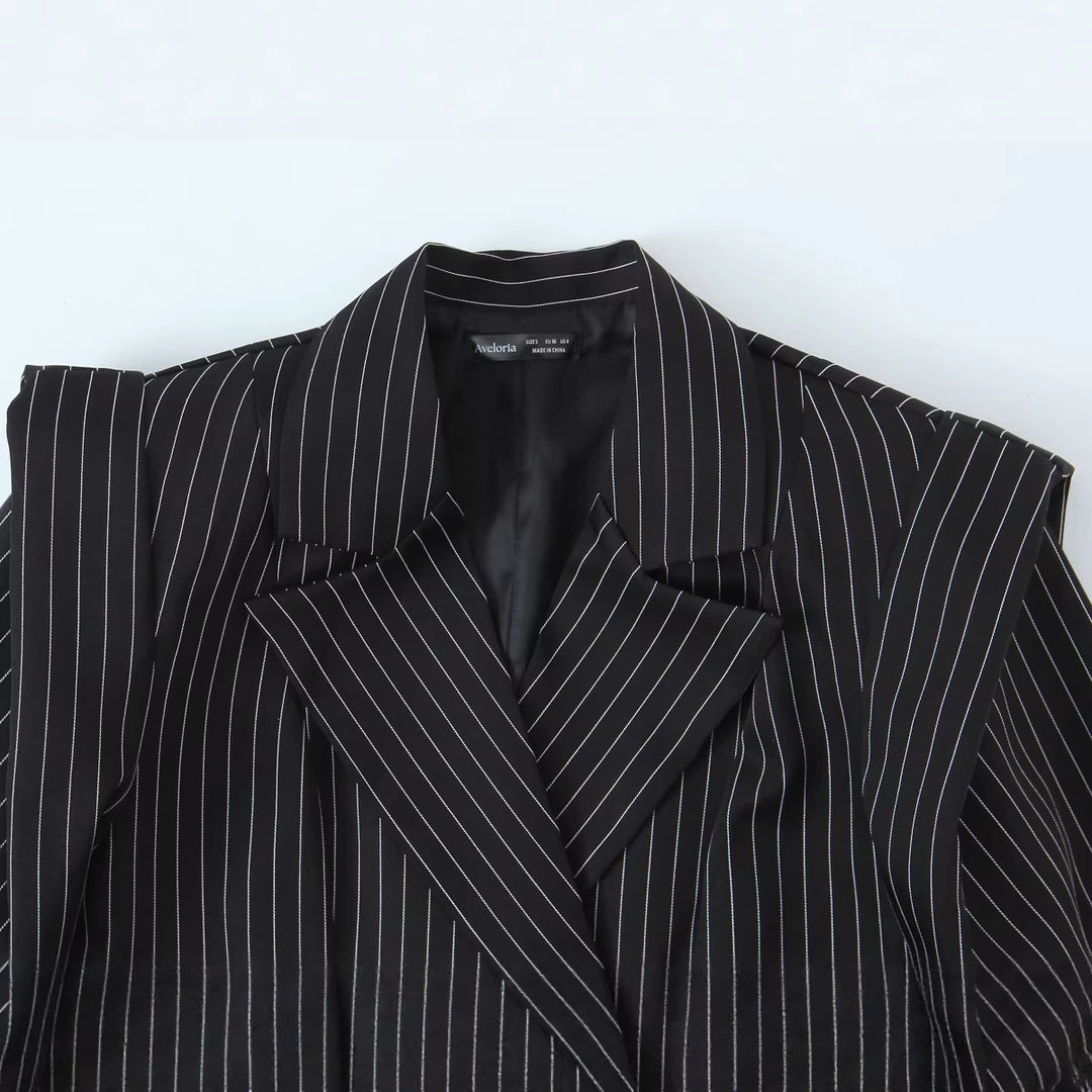 Damen Zweireihiger Oversize-Blazer mit markanten Schulterpolstern und Nadelstreifen Drune