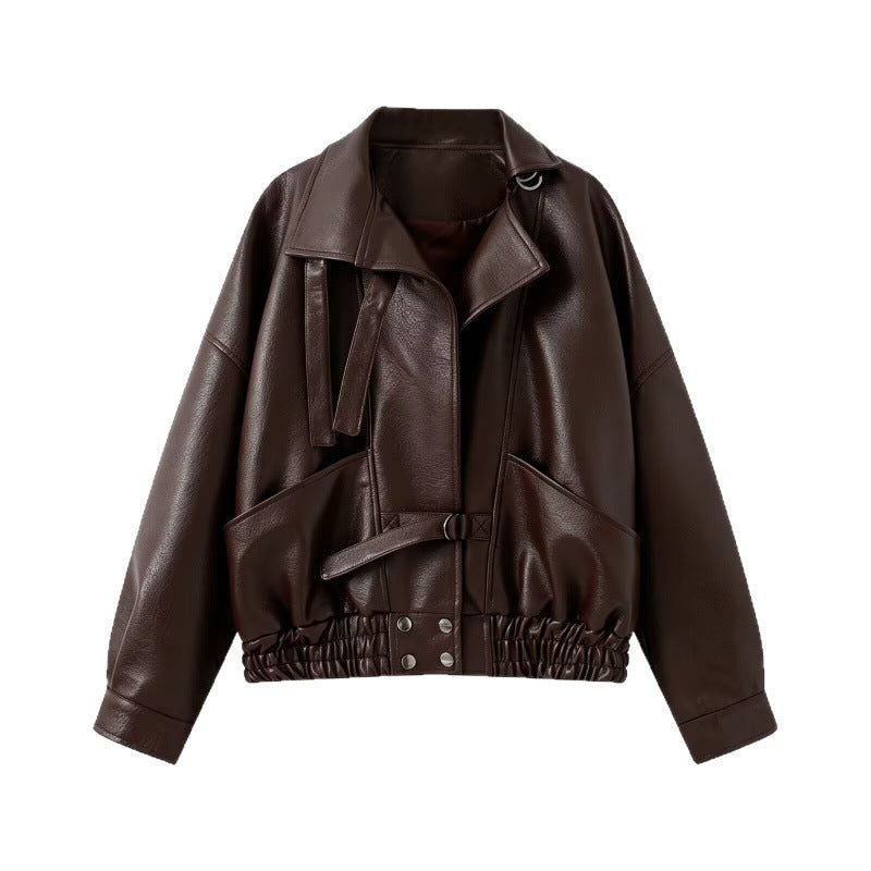 Damen 10+ taillierter Cropped Kunstleder‑Blouson mit Gürtel, elastischem Saum und Pattentaschen Drune