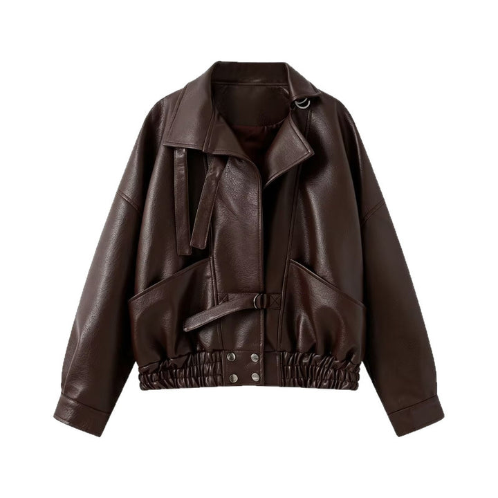 Damen 10+ taillierter Cropped Kunstleder‑Blouson mit Gürtel, elastischem Saum und Pattentaschen Drune
