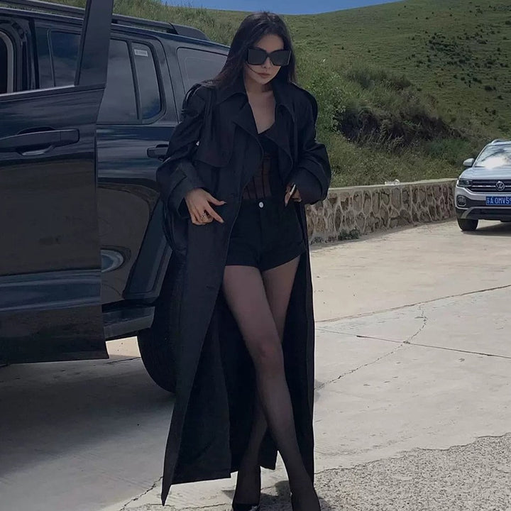 Damen Eleganter Baumwoll-Mix Trenchcoat mit asymmetrischer Schulterklappe und Bindegürtel Drune