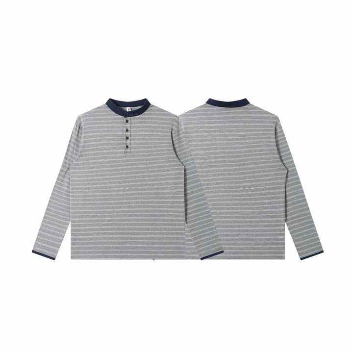 Herren Gestreiftes Langarm-Henleyshirt mit Stehkragen und feiner Ringelstruktur Drune