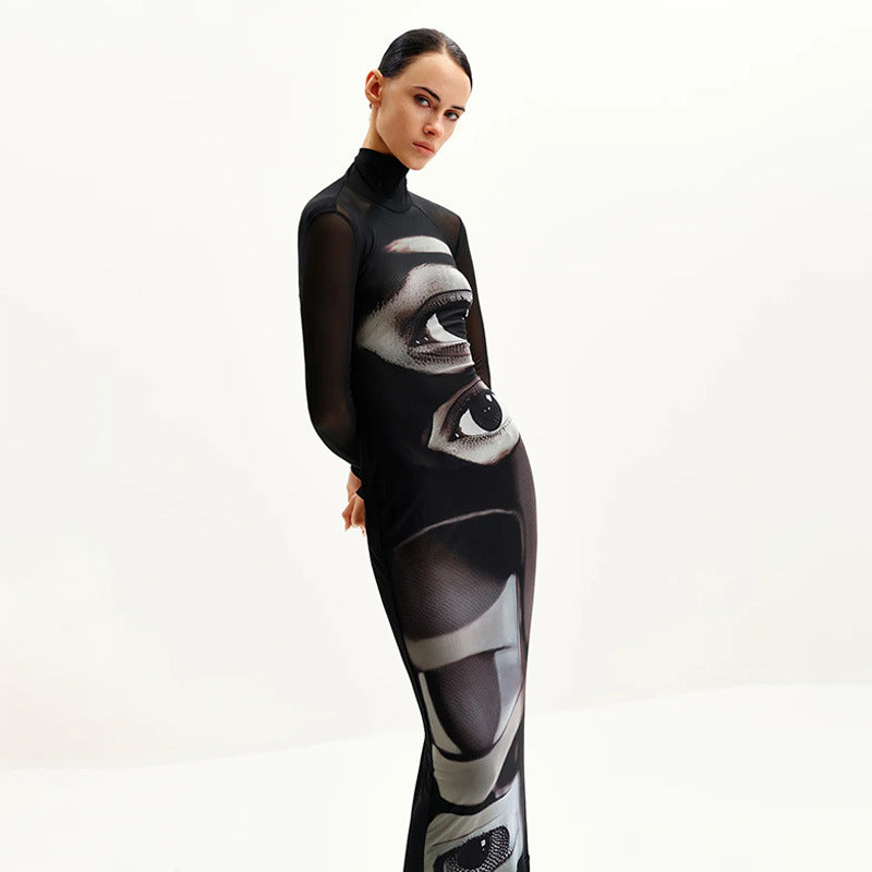 Damen Langarm Maxikleid mit grafischem Muster und hochgeschlossenem Kragen Drune
