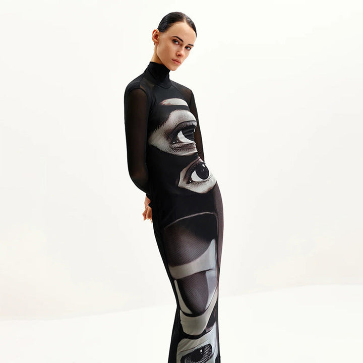 Damen Langarm Maxikleid mit grafischem Muster und hochgeschlossenem Kragen Drune