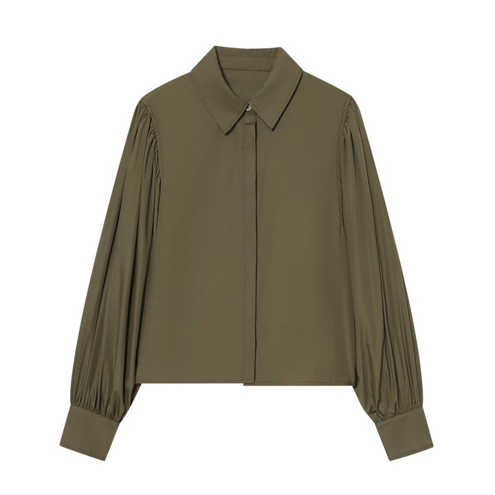 Damen Bluse mit weiten Ballonärmeln und verdeckter Knopfleiste Drune