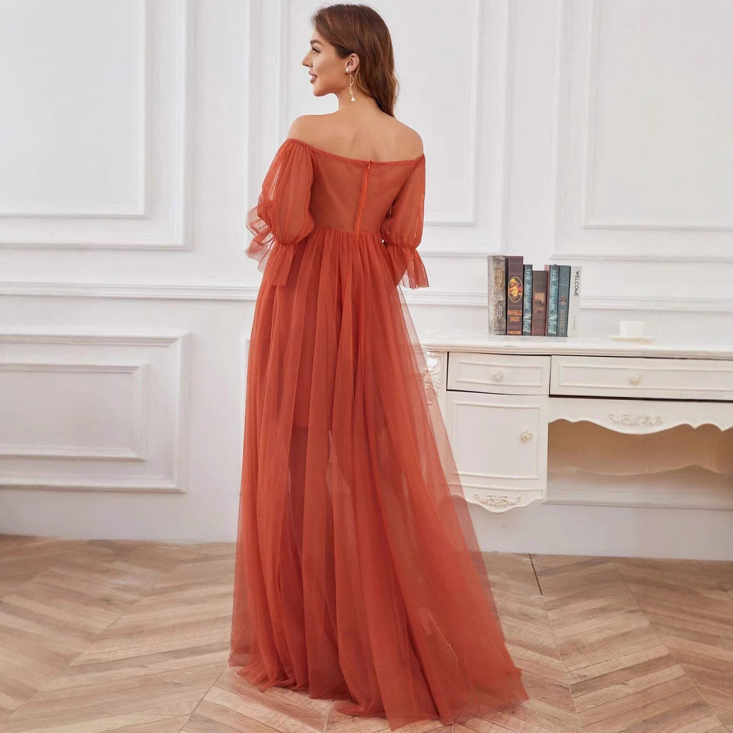 Damen Elegantes Umstandskleid mit schulterfreiem Design und luftigem Tüll Drune