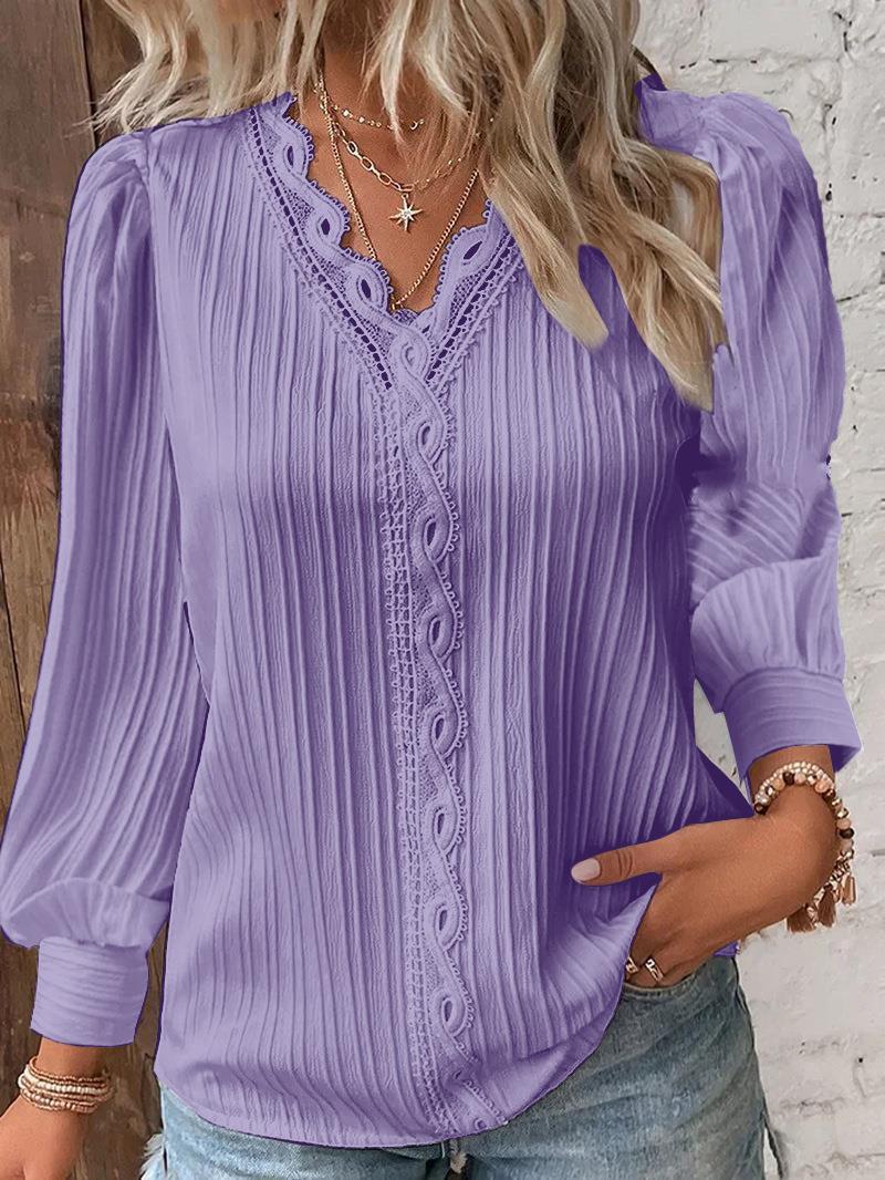 Damen nan romantische V-Ausschnitt Spitzenbluse mit Plissee und Puffärmeln Drune