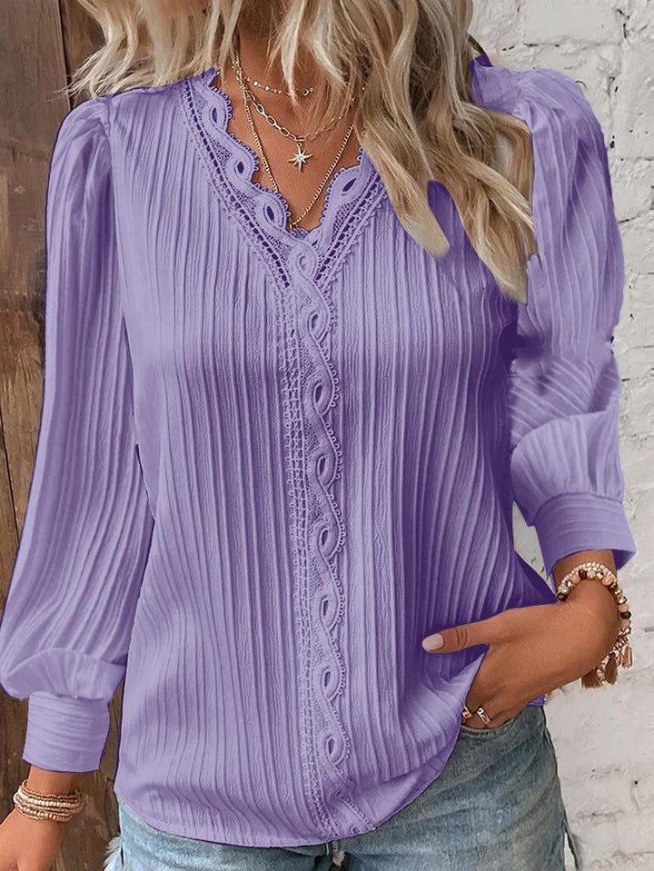Damen nan romantische V-Ausschnitt Spitzenbluse mit Plissee und Puffärmeln Drune