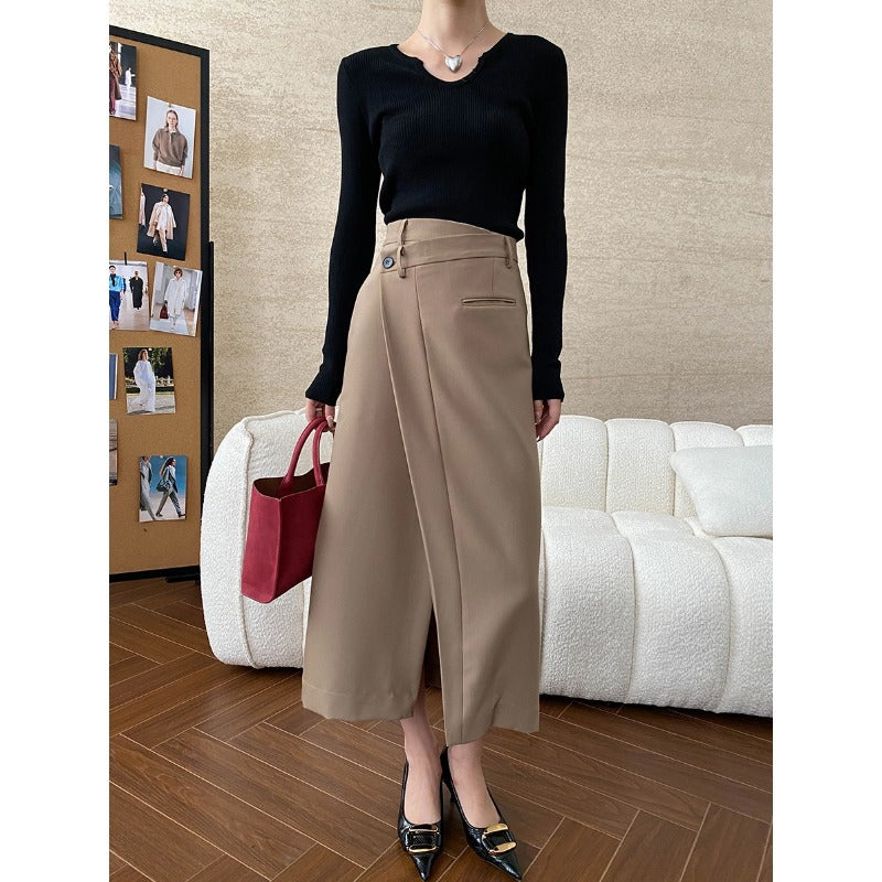 Damen eleganter Midirock mit überlappendem Design und modischen Knopfdetails Drune