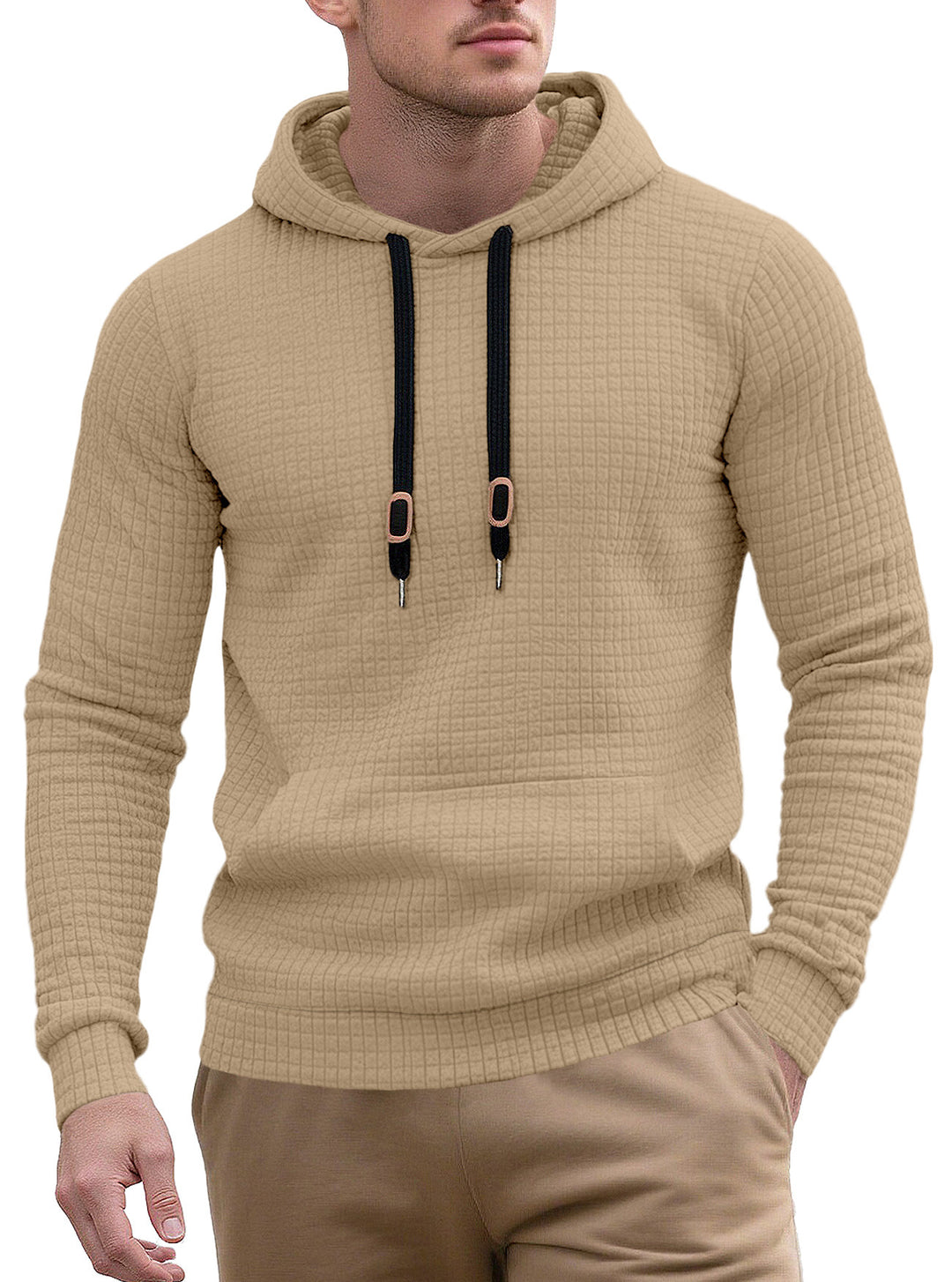 Herren nan schmal geschnittener Stepp-Kapuzenpullover mit feiner Quadratstruktur, Kordelzug und geripptem Saum Drune