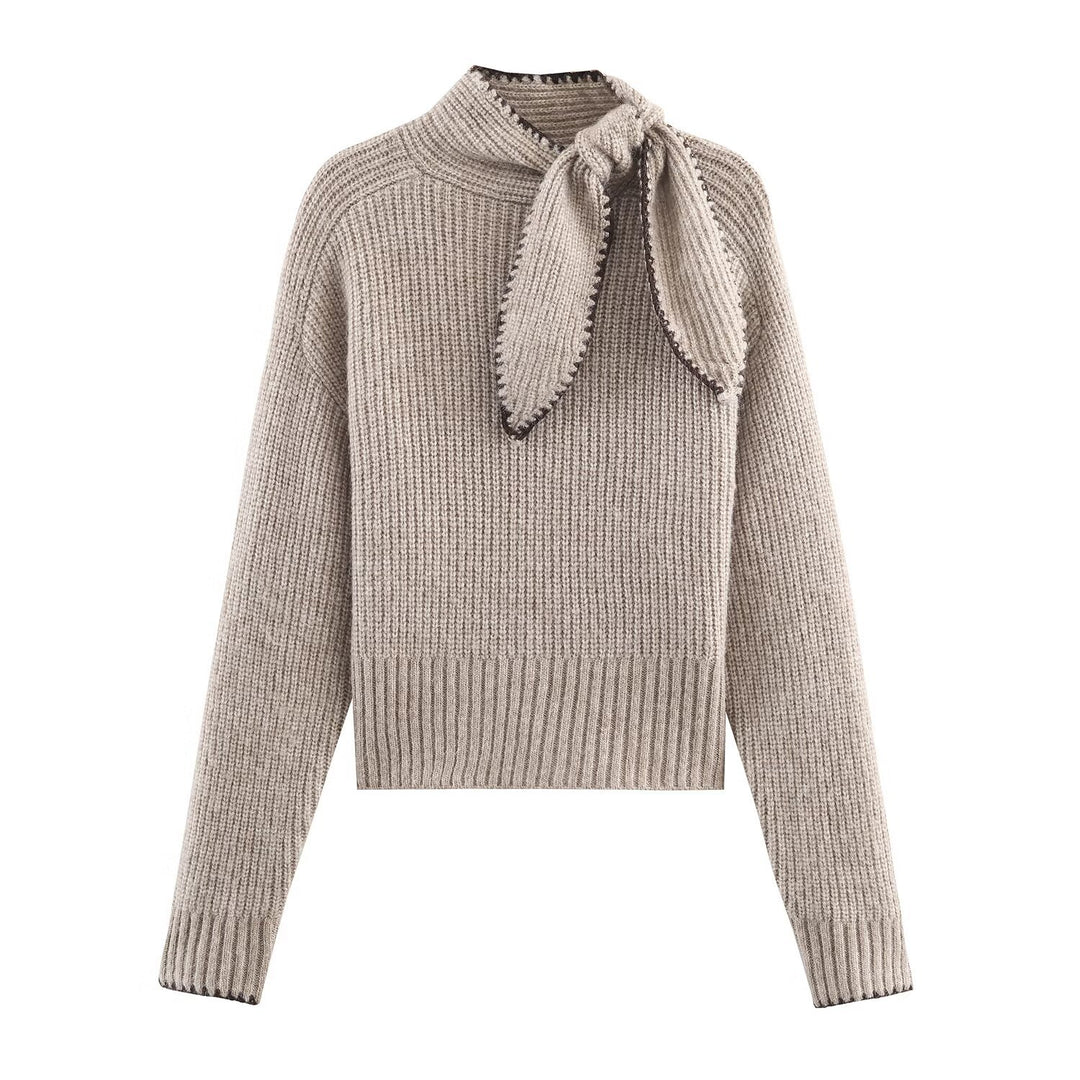 Damen Kurzgeschnittener Rippstrick-Pullover mit Hochkragen und integrierter Knoten-Schal Drune