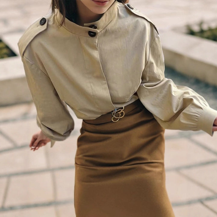 Damen Kurzbluse-Trench mit Stehkragen, Schulterpatten und Ballonärmeln Drune