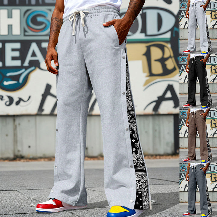 Herren Weite Snap-Trackhose mit Tunnelzug, seitlicher Bandana-Blende und Druckknopfleiste Drune