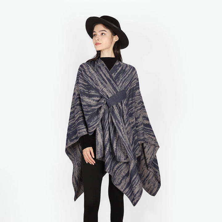 Damen Jacquard-Cape-Überwurf mit strukturierter Wellenoptik, Bindegürtel und asymmetrischem Zipfelsaum Drune
