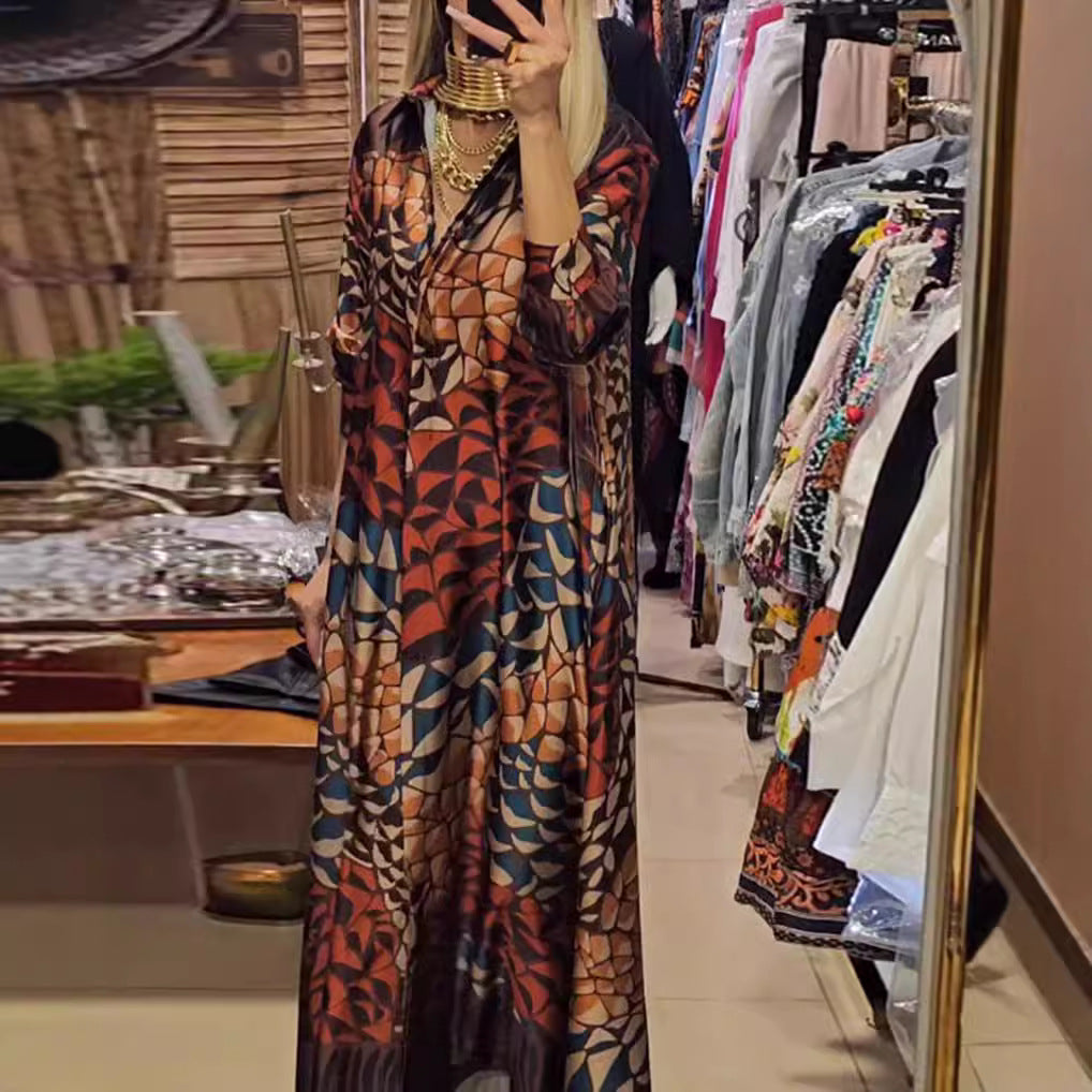Damen nan fließendes Satin-Hemdkleid mit Hemdkragen, geometrischem Mosaikprint und legerer Maxilänge Drune