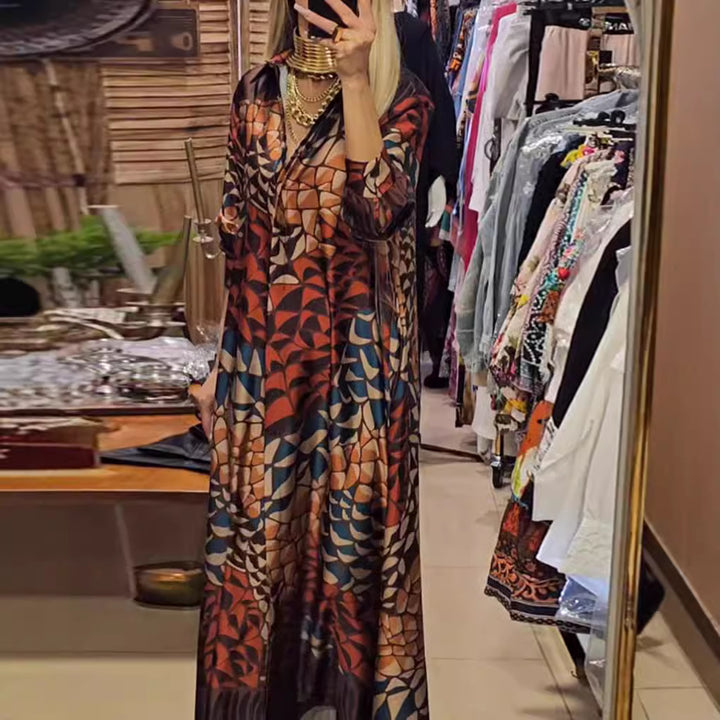 Damen nan fließendes Satin-Hemdkleid mit Hemdkragen, geometrischem Mosaikprint und legerer Maxilänge Drune