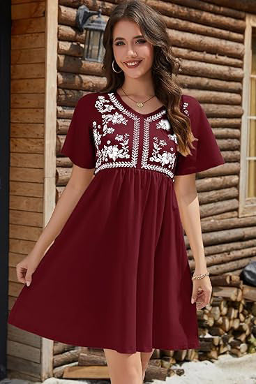 Damen Besticktes Empire-Kleid mit V-Ausschnitt, Kurzärmeln und ausgestelltem Rock Drune
