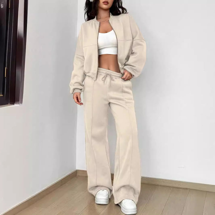 Damen nan kurz geschnittenes Blouson mit Reißverschluss und weiter High-Waist Jogginghose Set Drune