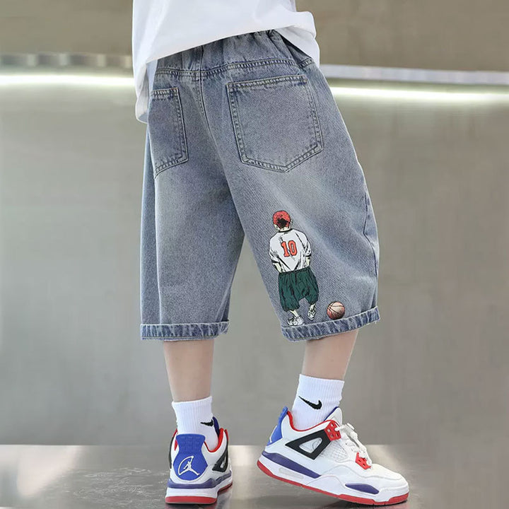 Jungen lässige Denim-Shorts mit coolem Basketball-Motiv Drune