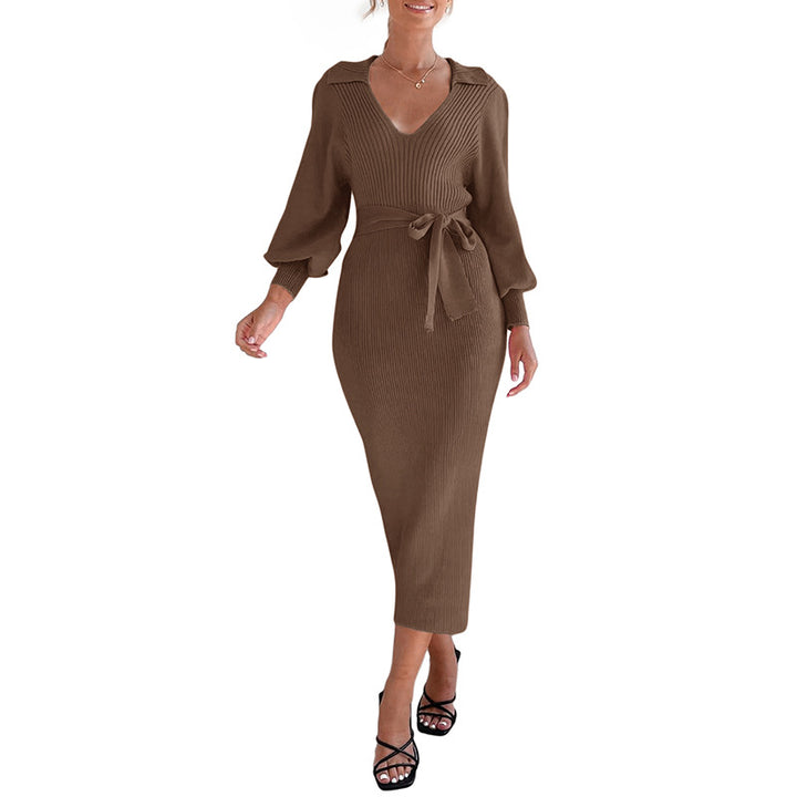Damen Figurbetontes Rippstrick Midikleid mit V Ausschnitt Schalkragen Ballonärmeln und Bindegürtel Drune