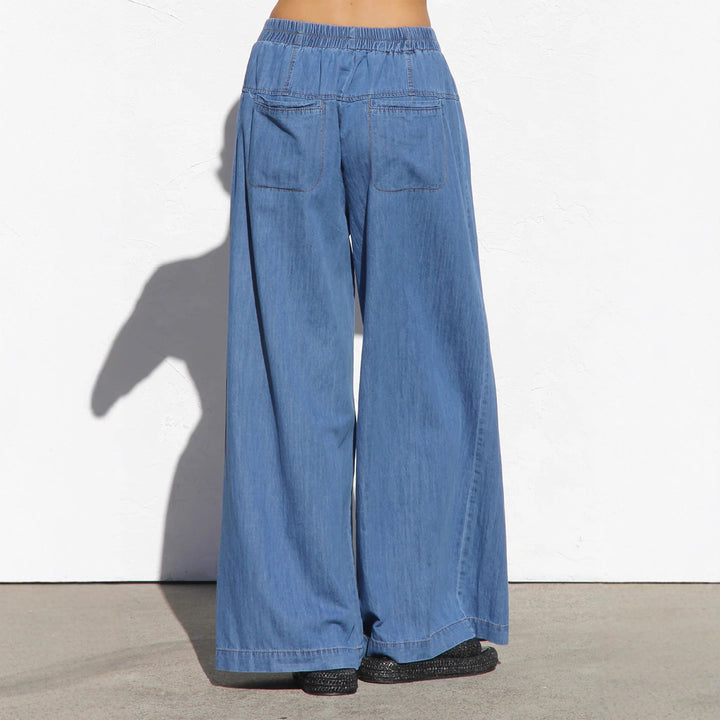 Damen nan weite Highwaist-Jeanshose mit elastischem Bund und dekorativer Knopfleiste Drune
