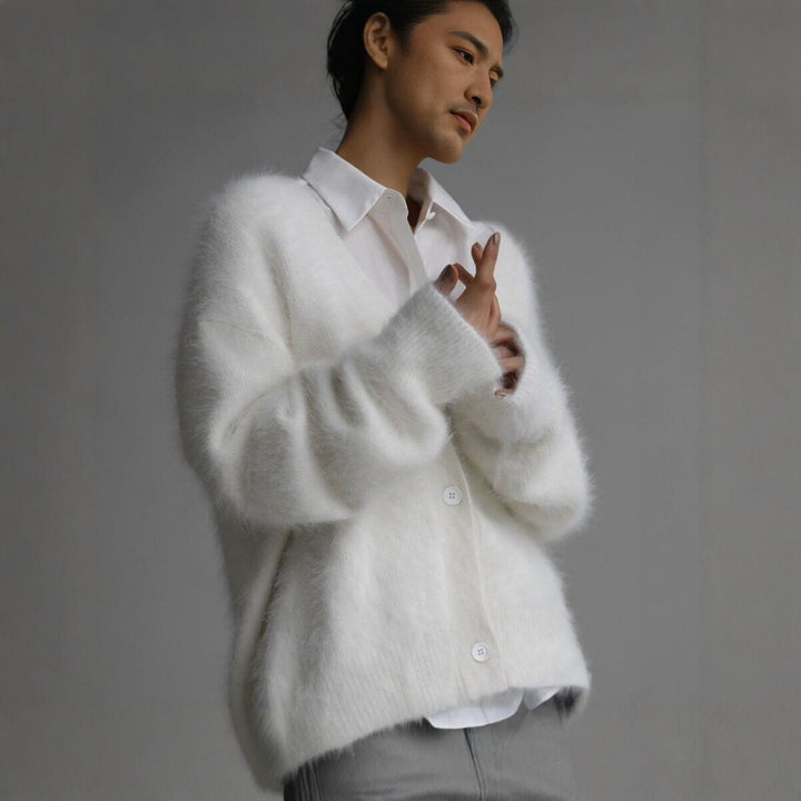 Damen Flauschige Mohair-Optik Strickjacke mit V-Ausschnitt und Oversize-Schnitt Drune