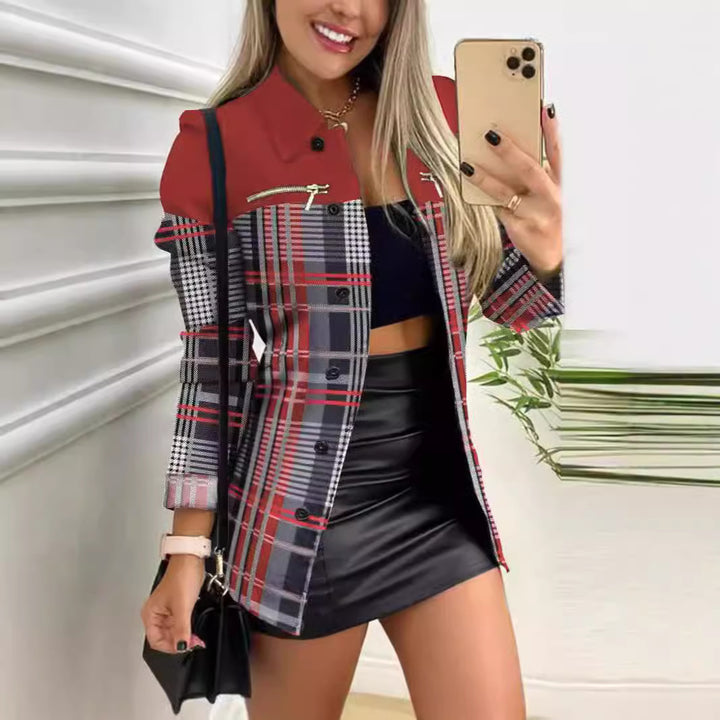Damen nan gemusterter Blazer mit geometrischem Print, Reißverschlusstasche und durchgehender Knopfleiste Drune