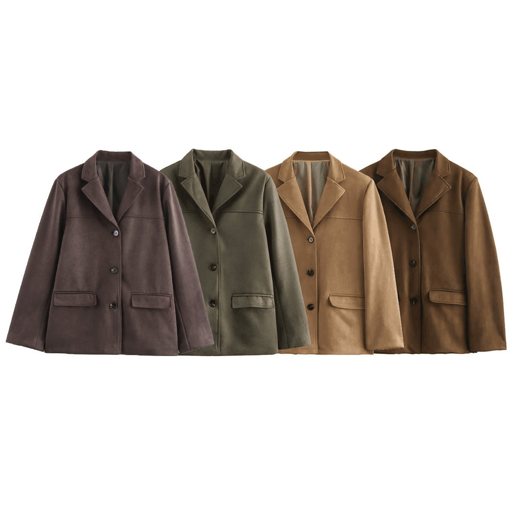 Damen elegante Velours-Optik Blazerjacke mit Reverskragen und Pattentaschen Drune