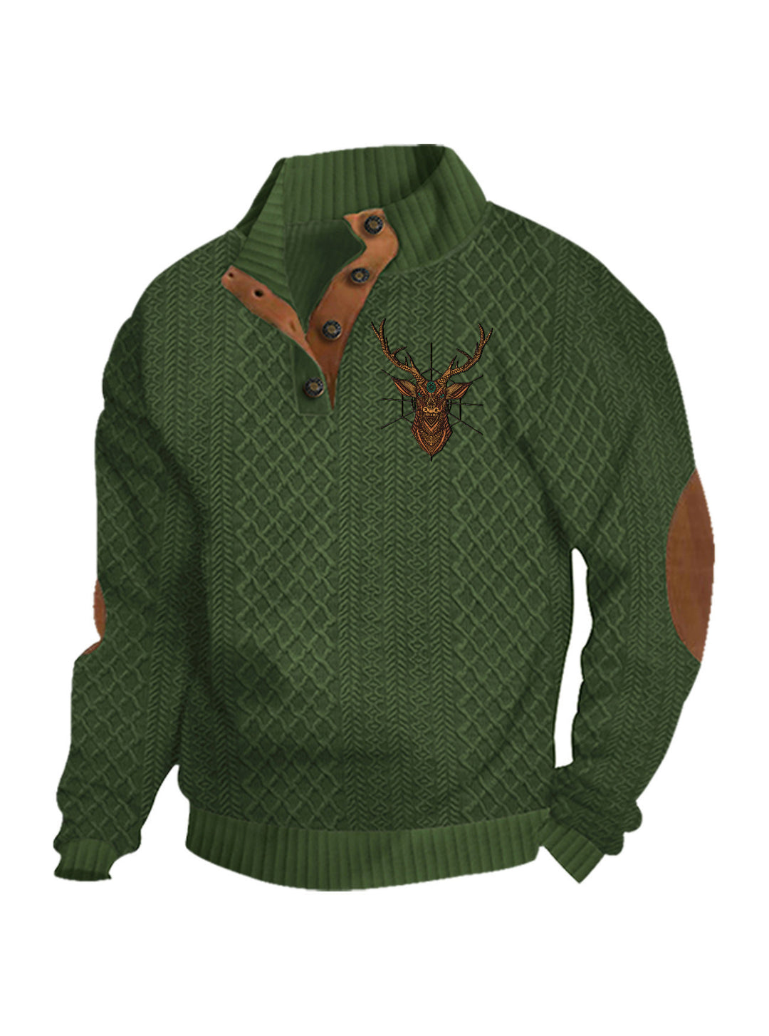 Herren nan Heritage-Strukturpullover mit Stehkragen Lederimitat-Besatz Ellenbogen-Patches und Halbknopfleiste Drune