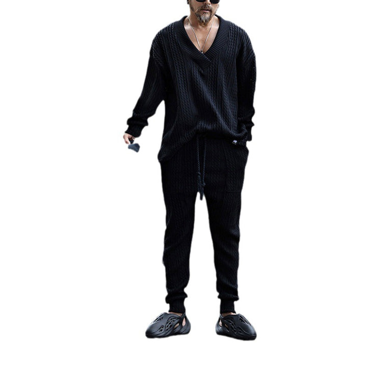 Herren Strukturiertes Strick-Loungewear-Set mit V-Ausschnitt und Tunnelzug-Jogginghose Drune