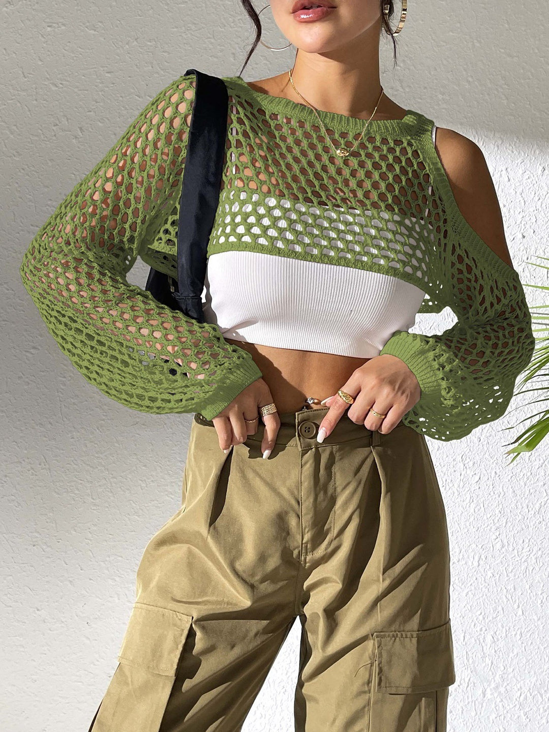 Damen gestricktes Netzoberteil mit offenen Schultern und modischem Design Drune