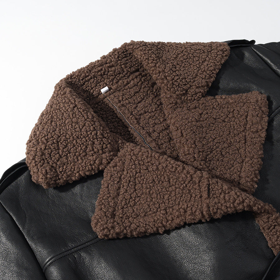 Damen Kunstlederjacke mit kuscheligem Teddyfutter und Bindegürtel Drune