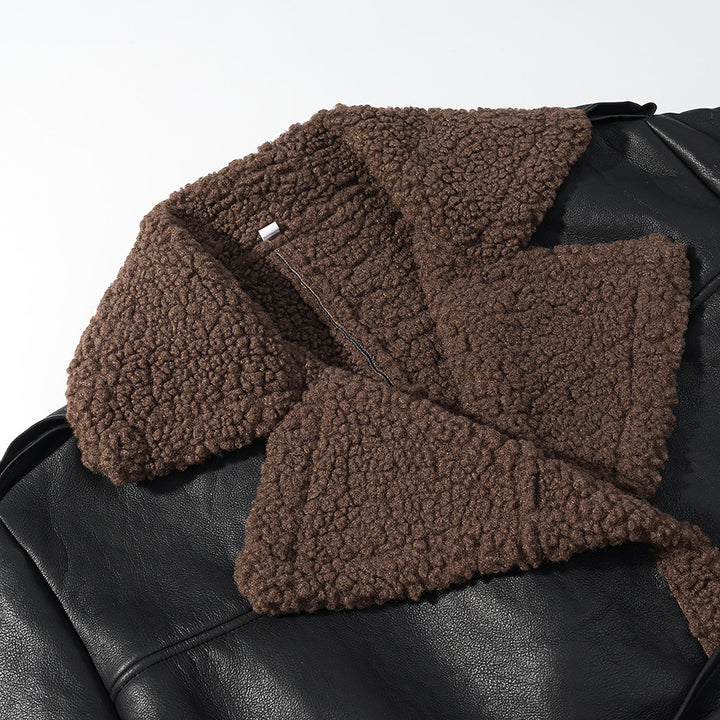 Damen Kunstlederjacke mit kuscheligem Teddyfutter und Bindegürtel Drune