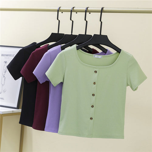Damen Kurzarmshirt mit dekorativer Knopfleiste und modernem Rippenstrick Drune