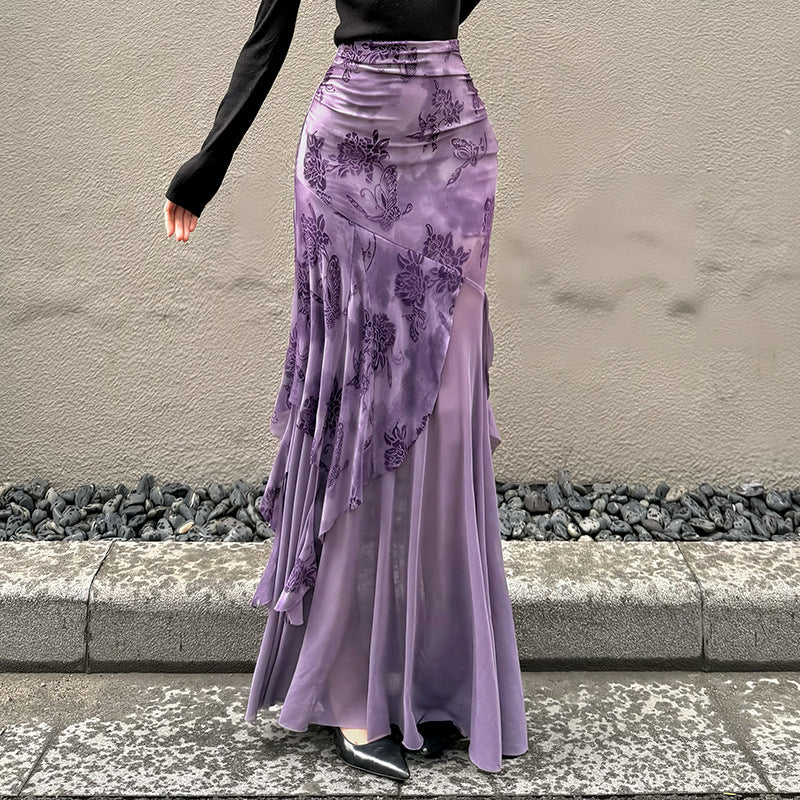 Damen Maxi-Rock mit floralem Design und asymmetrischem Schnitt Drune