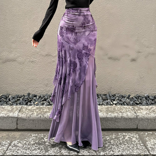 Damen Maxi-Rock mit floralem Design und asymmetrischem Schnitt Drune