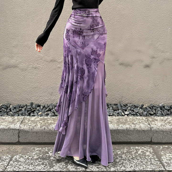 Damen asymmetrischer Maxirock mit floralen Details und transparenten Schichten Drune