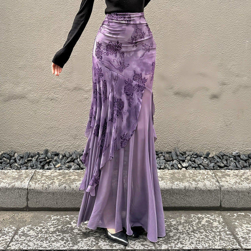 Damen Maxi-Rock mit floralem Design und asymmetrischem Schnitt Drune