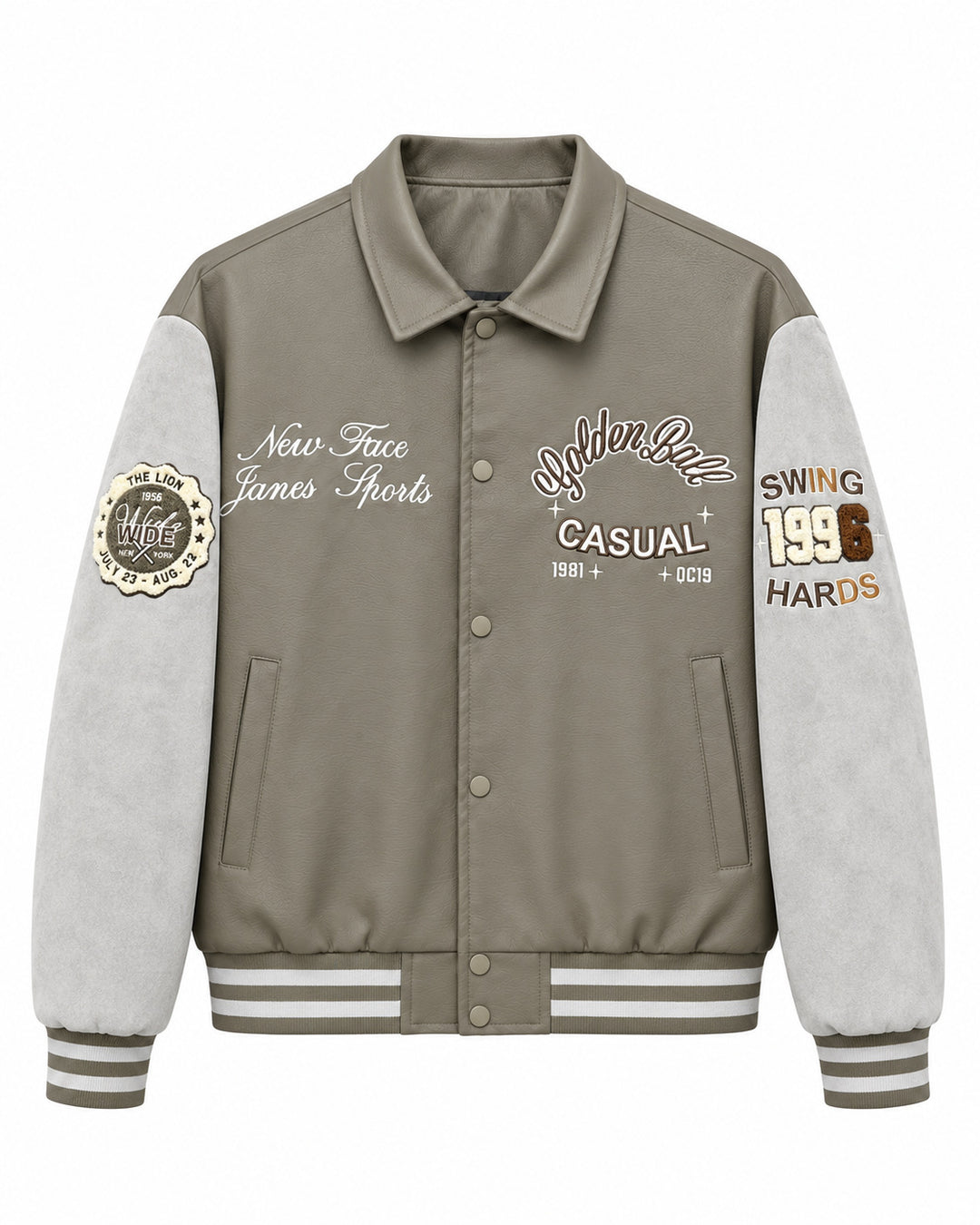Herren Varsity-Lederoptik Collegejacke mit Kontrastärmeln, gestickten Patches und geripptem Saum Drune