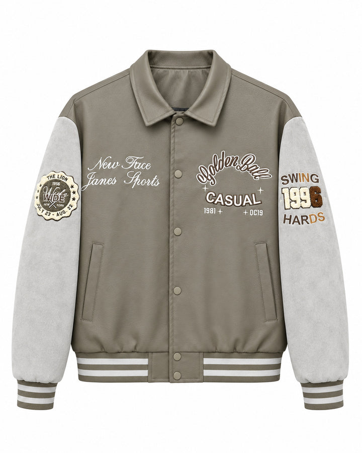 Herren Varsity-Lederoptik Collegejacke mit Kontrastärmeln, gestickten Patches und geripptem Saum Drune