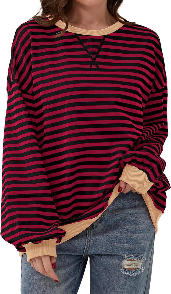 Damen Cozy Übergroßer Gestreifter Pullover Sweatshirt Drune