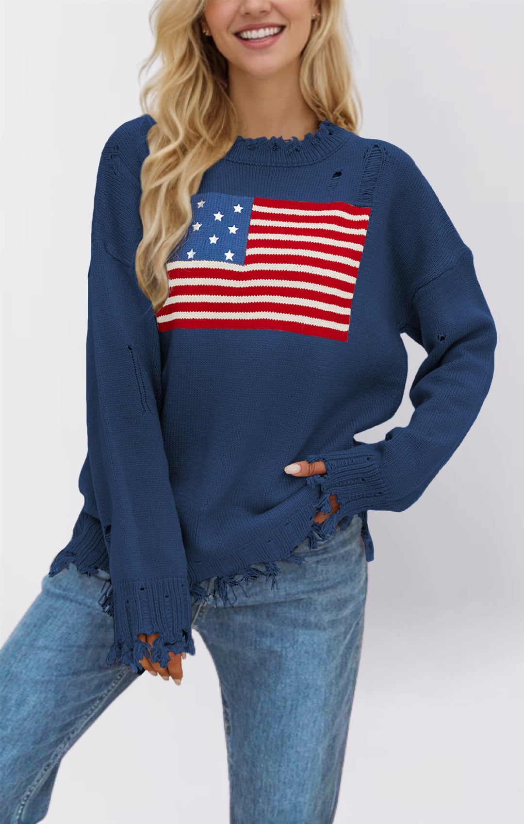Damen modischer Pullover mit Flaggenmotiv und Fransensaum Drune