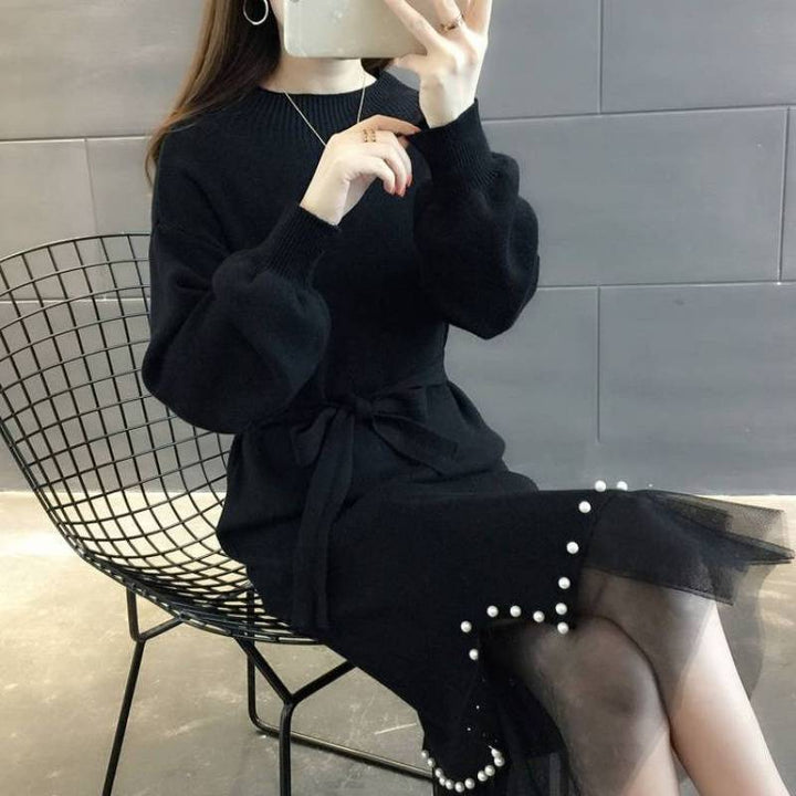 Damen elegantes Strickkleid mit Taillengürtel und dekorativem Saum Drune