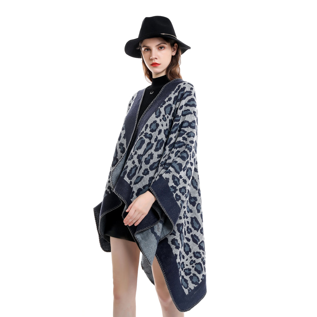 Damen Grobgewebter Jacquard‑Umhang mit Leo‑Print und offener Kimono‑Silhouette Drune
