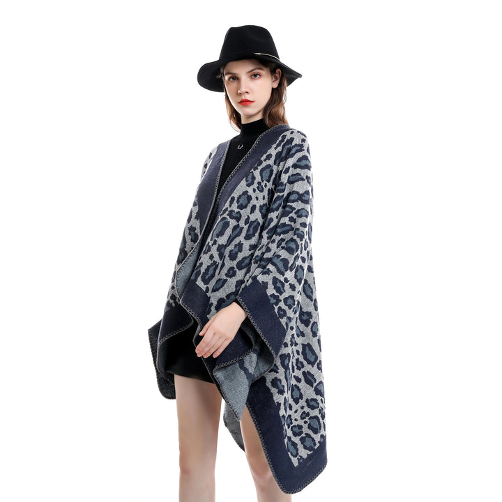Damen Grobgewebter Jacquard‑Umhang mit Leo‑Print und offener Kimono‑Silhouette Drune