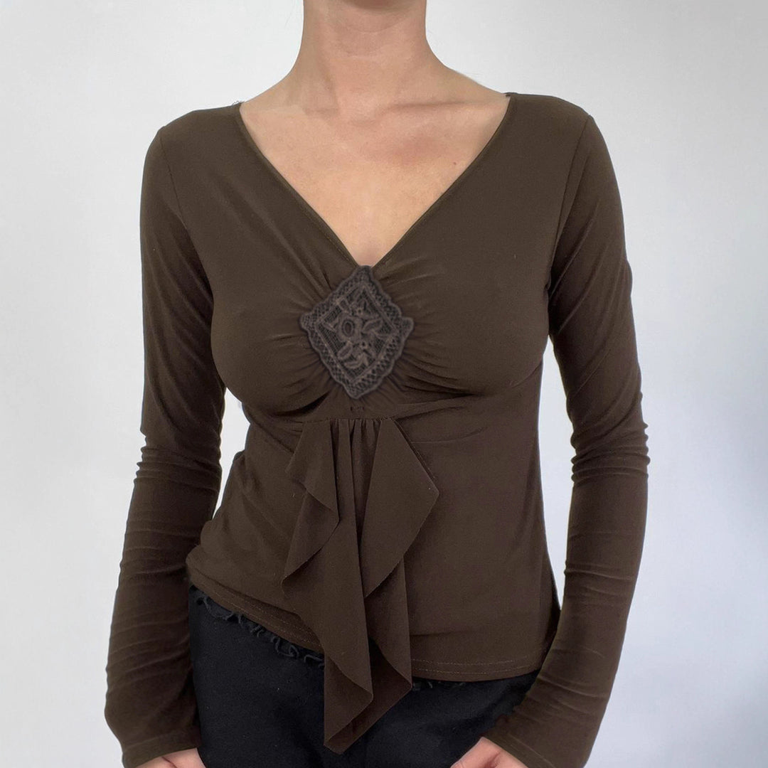 Damen nan figurbetontes Langarmshirt mit Drapé-Vorderteil und gehäkelter Mittelapplikation Drune