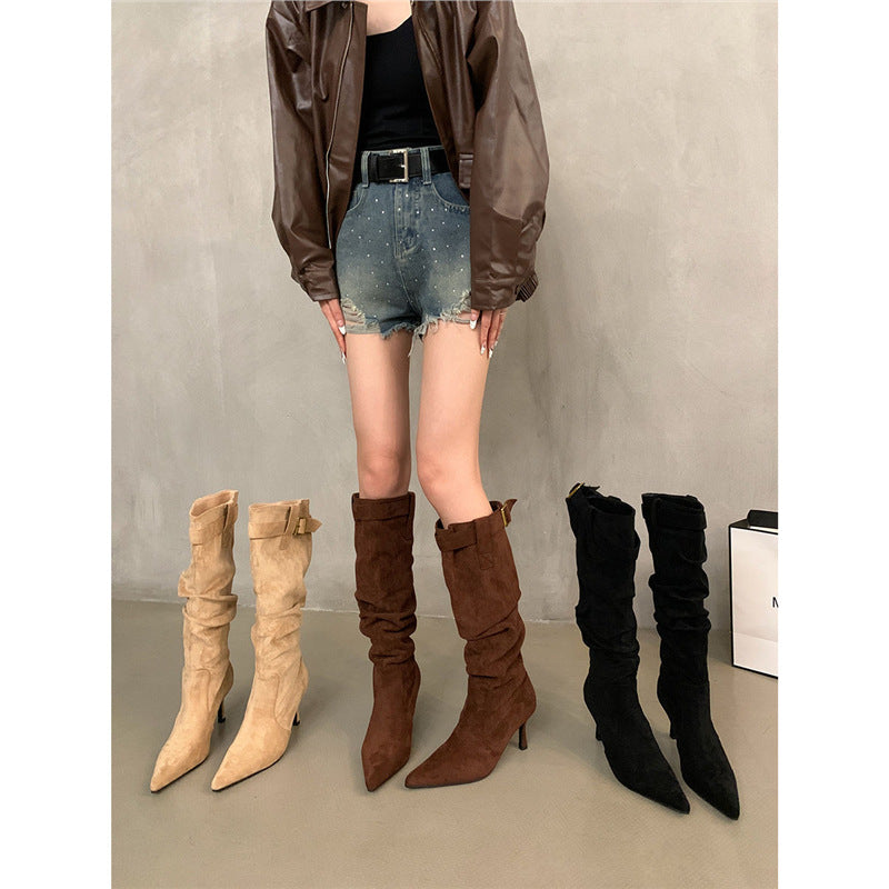 Damen kniehohe Slouch‑Stiefel aus Veloursleder mit spitzer Zehenpartie Drune